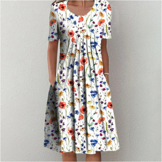Spring And Summer Women's Elegant Large Swing Round Neck Printed Short Sleeve Dress