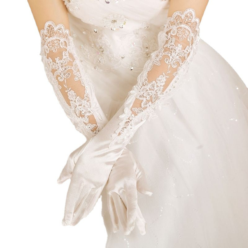 New Bridal Wedding Dress Gloves Banquet Satin Lace Embroidered