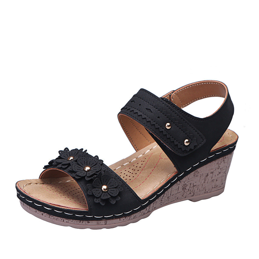 Wedge Heel Laser Cutout Stud Flower Sandals Women's Fish Mouth