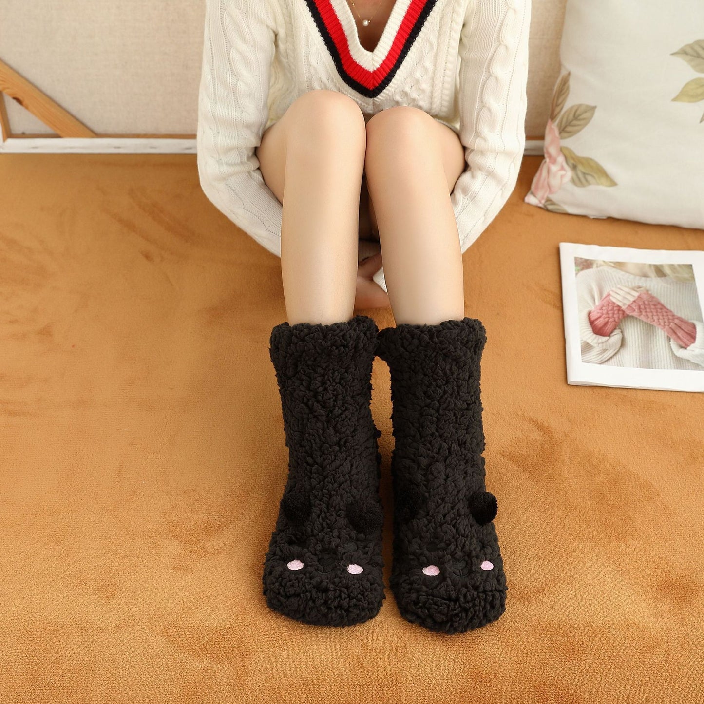 Lamb Velvet Bear Cute Embroidered Floor Shoes Warm Socks