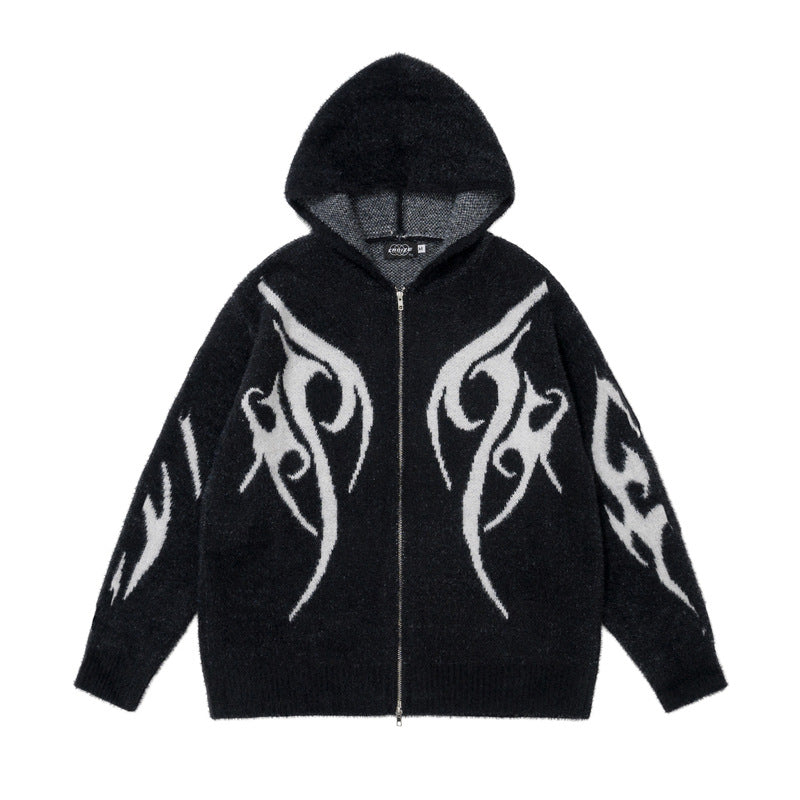 Totem Jacquard Contrast Color Hooded Zip Sweater
