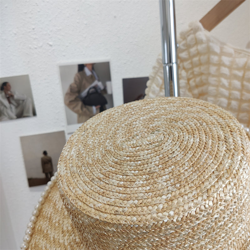 Women's Hand Sewn Pearl Flat Top Straw Hat