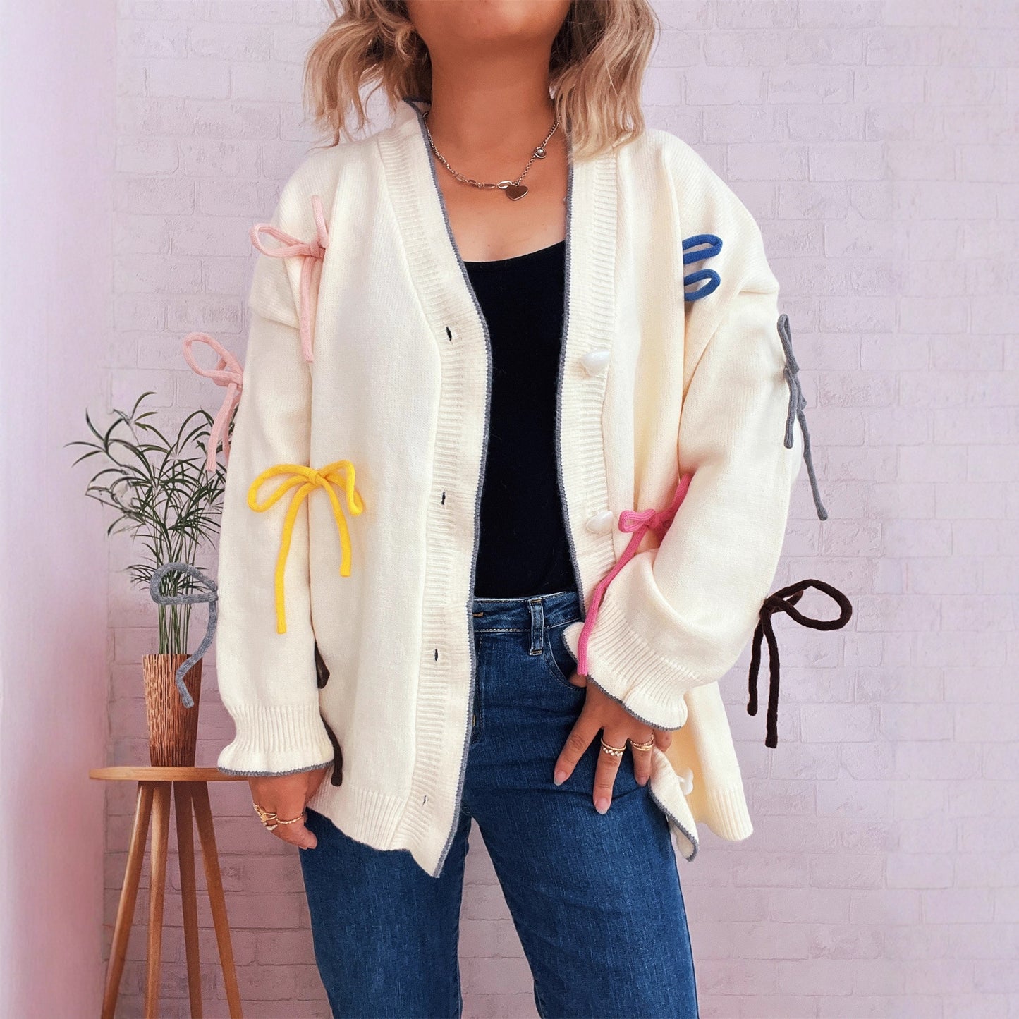 Cute Street Color Bow Decorative Single-breasted Knitted Sweater