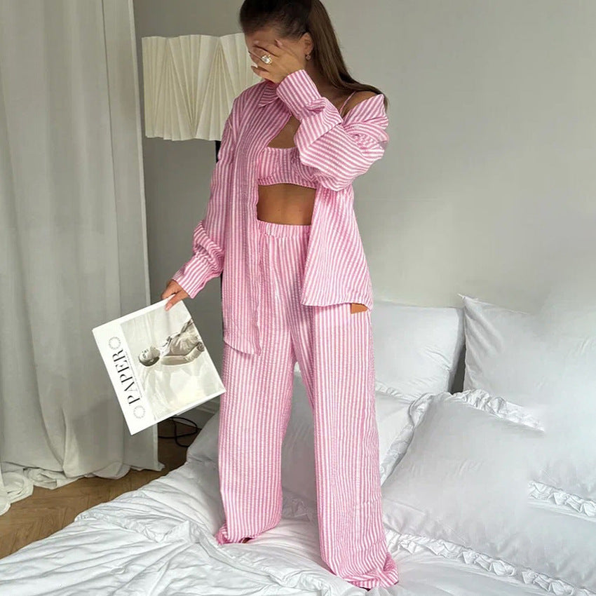 Soft Skin-friendly Womens New Striped Three-piece Set