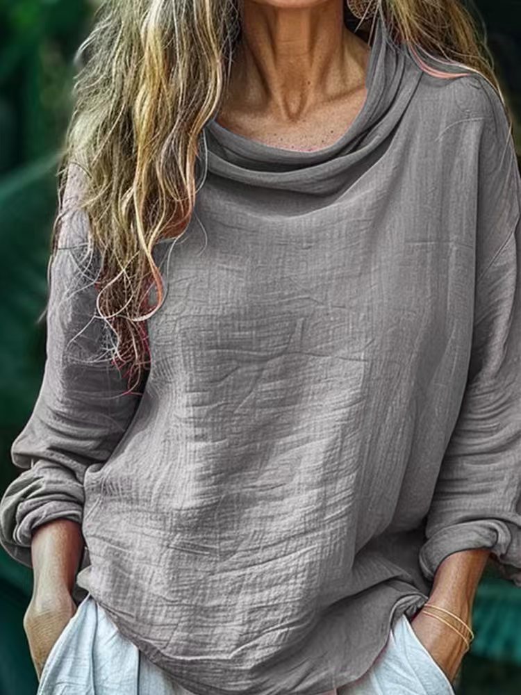 Spring Women's Casual Loose Fashion Long Sleeved Solid Color Pile Collar Pullover Pleated Top