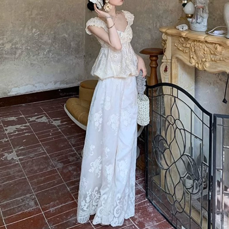 Strap Short-sleeve Top Loose Embroidered Wide-leg Pants For Women