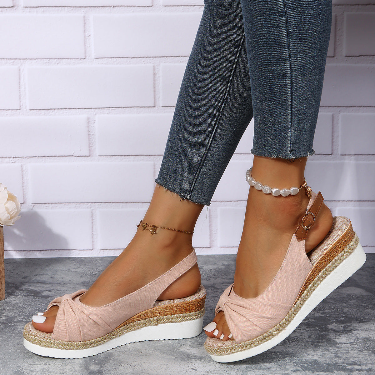 Women's Hemp Rope Bow Wedge Casual Sandals