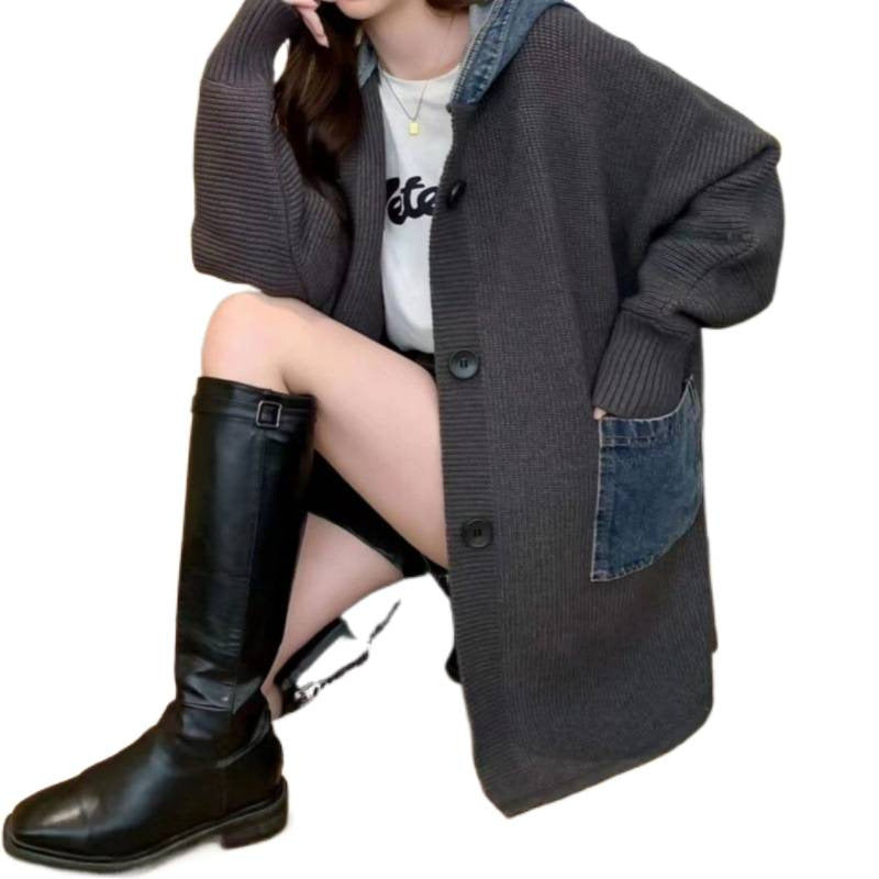 Mid Length Loose Fit Denim Patchwork Knit Cardigan