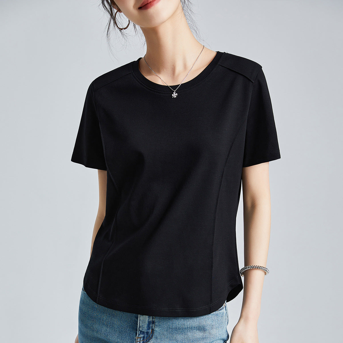 Shoulder T-shirt Mercerized Cotton Round Neck Bottoming Shirt