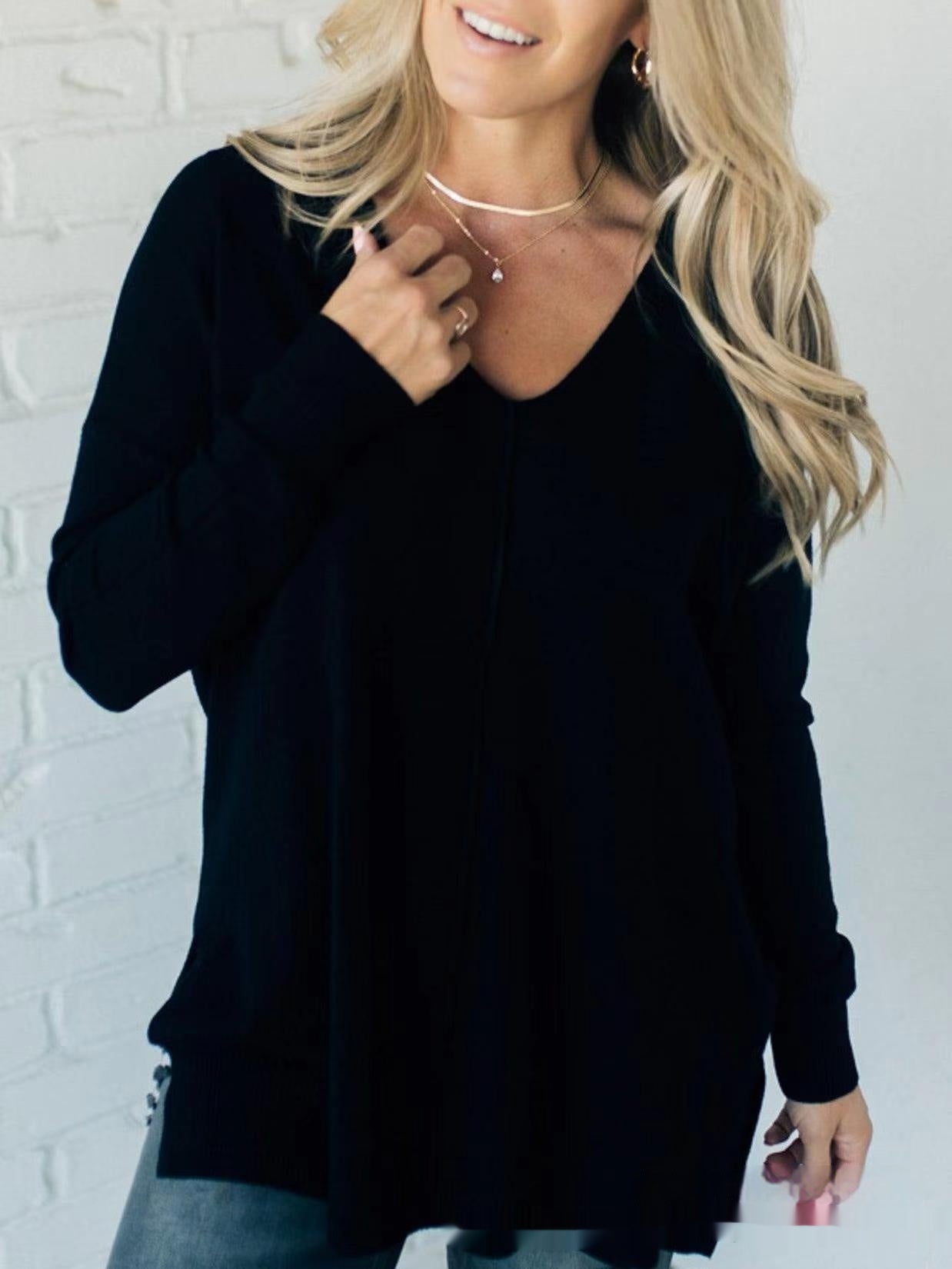 Women's Design Sewing Front Sweater Loose Knitwear Long Sleeve Top