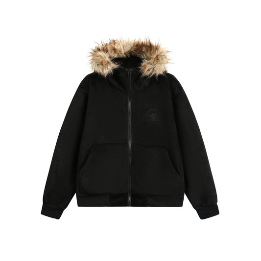 American Retro Men's Sweater Hooded Fur Collar Cardigan