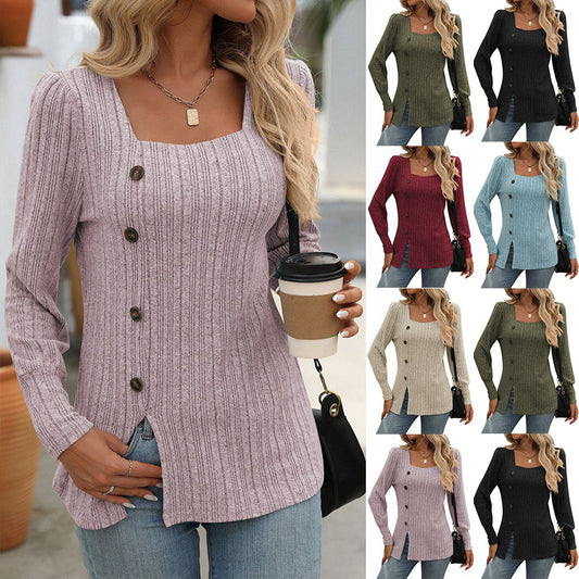 New Square Collar Sunken Stripe Brushed Solid Color Top Long Sleeve
