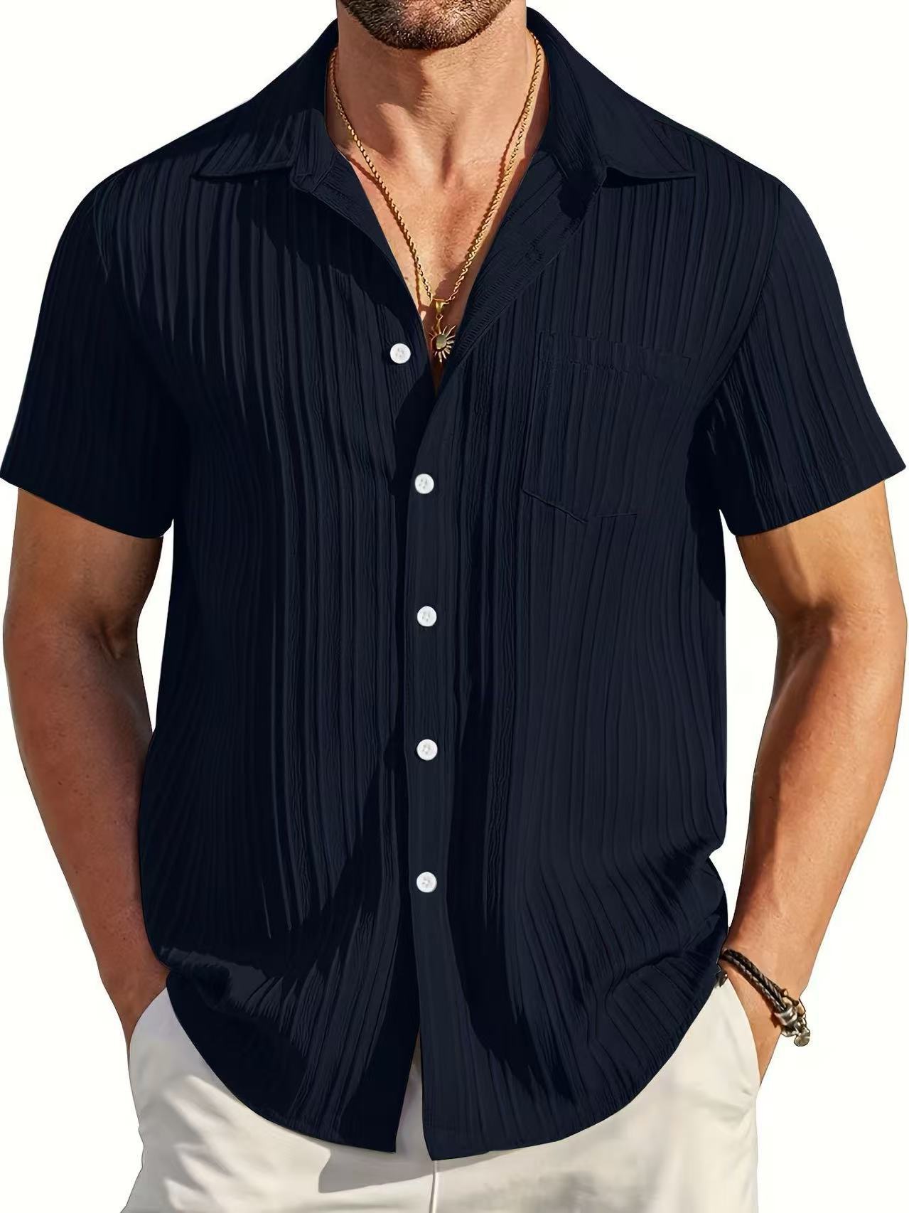 Polo Collar Solid Color Short Sleeve Button Shirt Men's Shirt