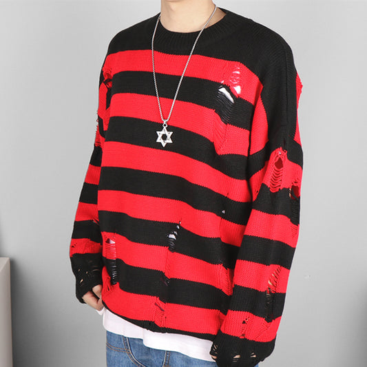 Lovers Ripped Sweater Knitted Round Neckline, Color Matching Outer Wear
