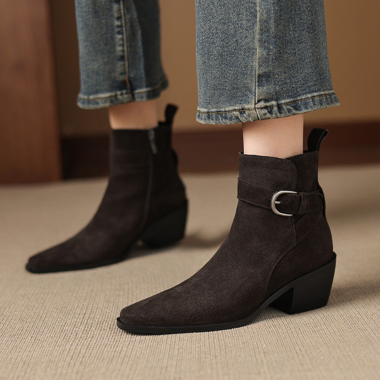 Suede Leather Chunky-heel Autumnwinter Fleece-lined Suede Boots