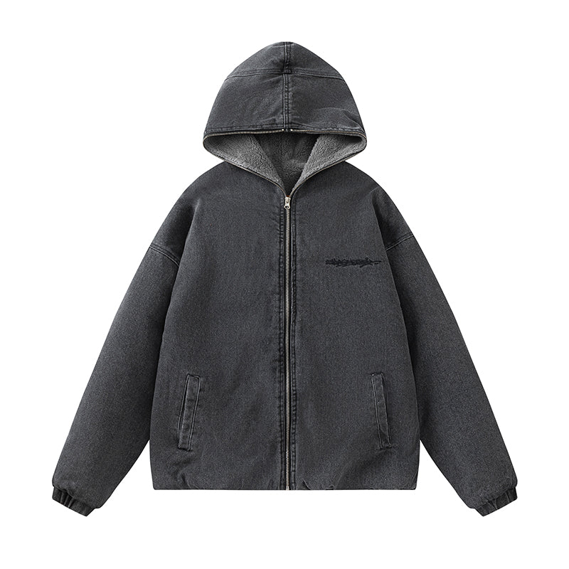 Thick Lambskin Coat Men's Hooded Denim Cotton Jacket