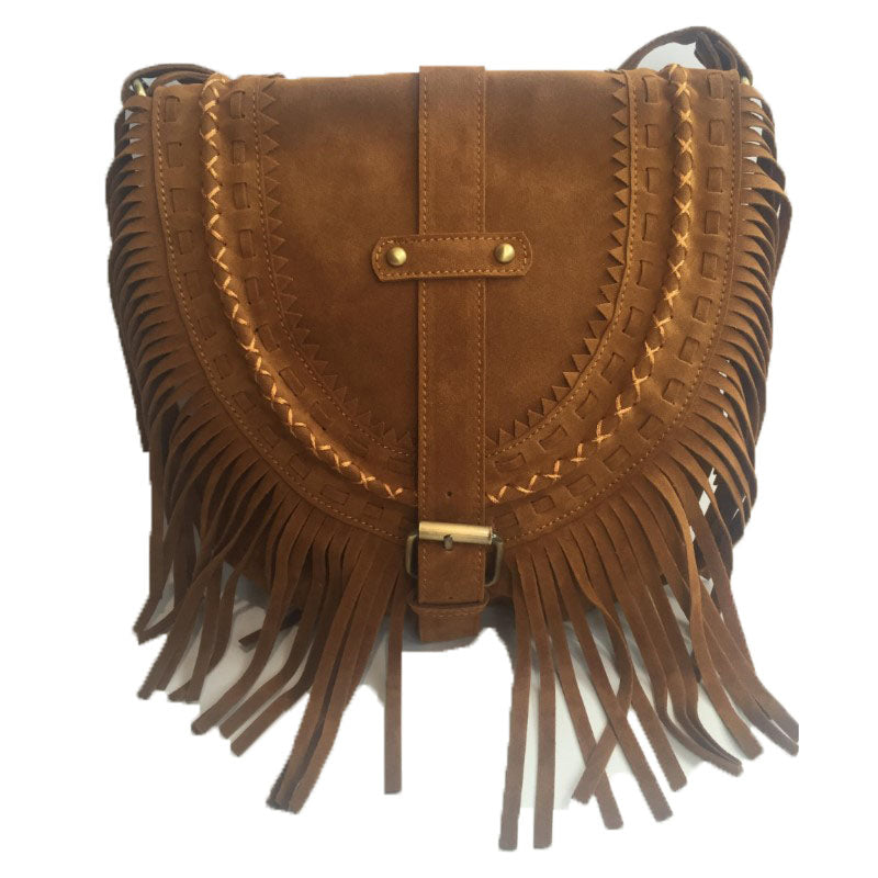 Suede fringe diagonal across package