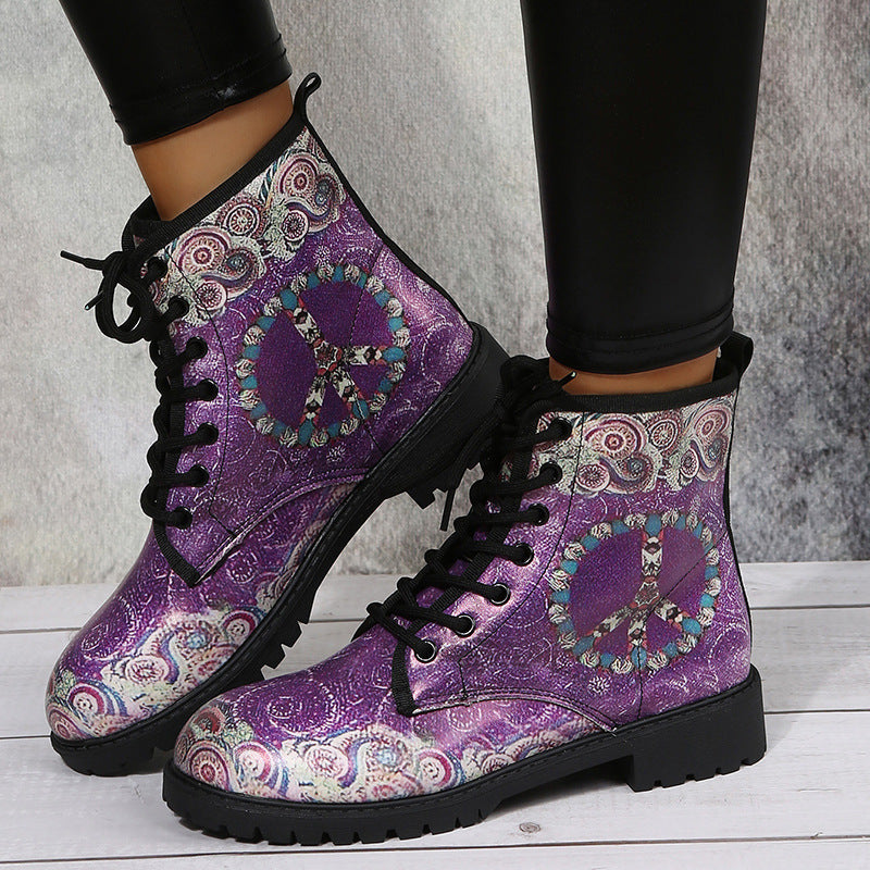 Winter Short Lace-up Soft Leather Printed Boots