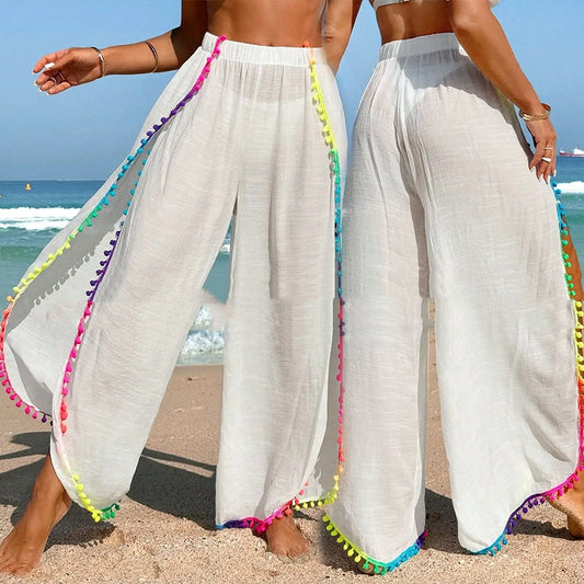 Colorful Tassel-patched Loose Asymmetrical Beach Pants