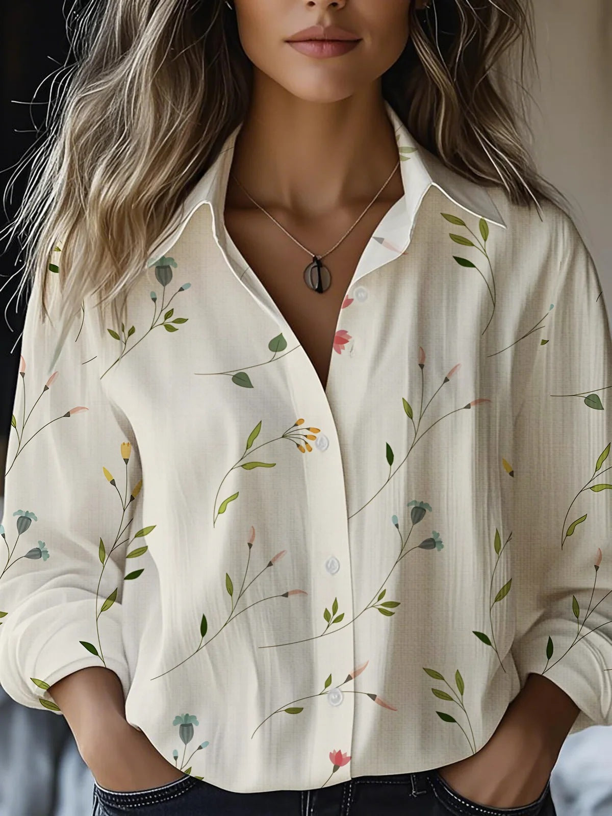 Floral-print Long-sleeve Shirt Delicate Linen Casual Blouse