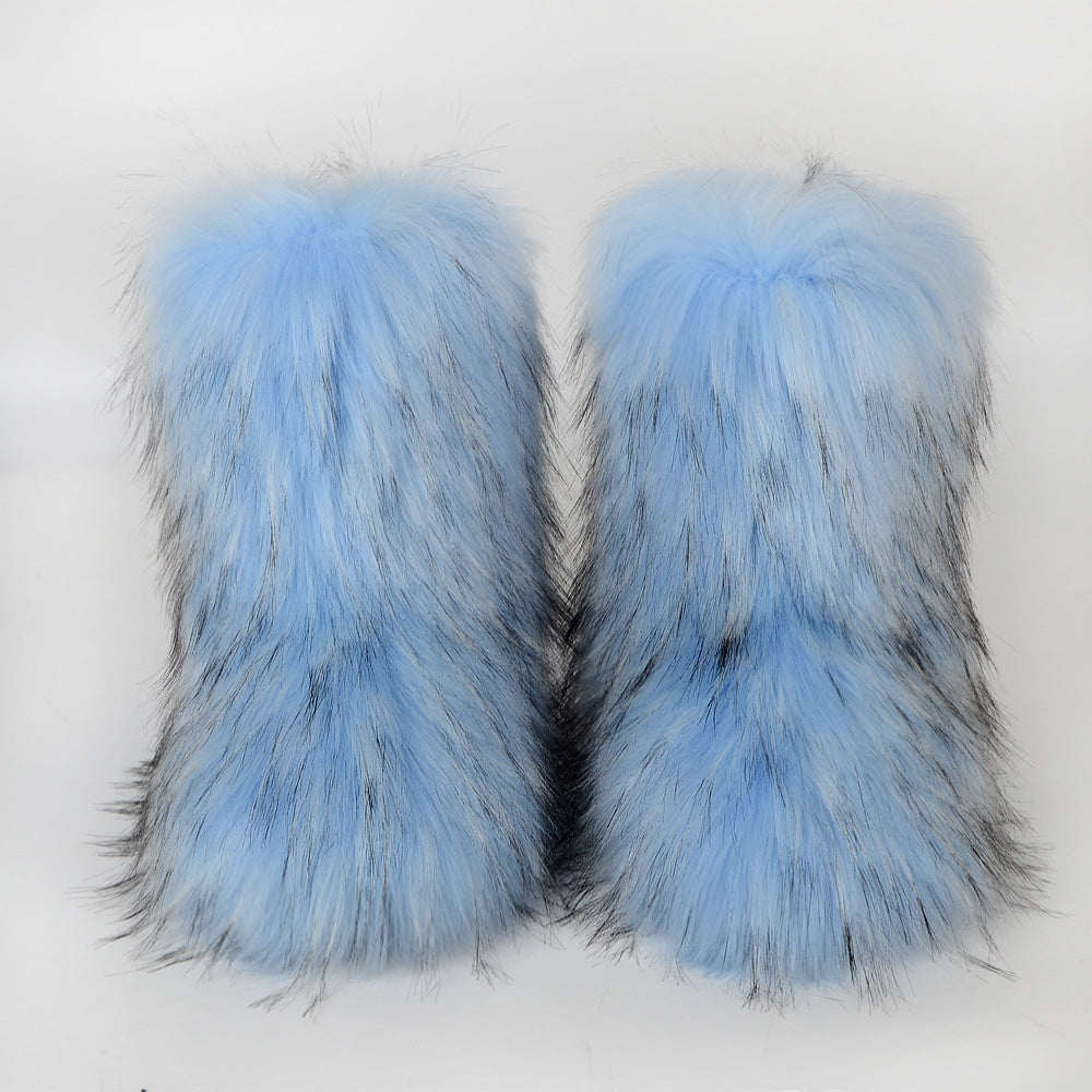 Winter Fur Integrated Imitation Raccoon Fur Women's Snow Boots Fluffy Shoes Outdoor Middle Boots