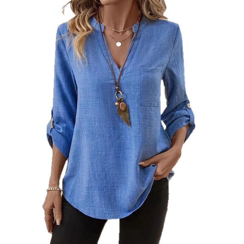 Loose-fitting Plus Size V-neck Solid Color T-shirt