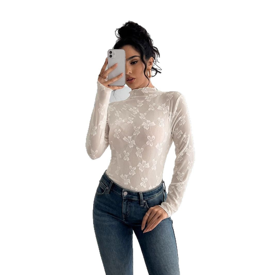 Sommerfugl Jacquard Mesh Slim Fit Ståkrave Langærmet