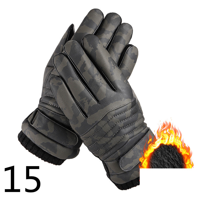 Men's Winter Riding Plus Velvet Thick Windproof Leather Gloves