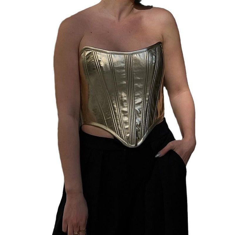 Solid-color Glossy Leather Cropped Tube Top For Women