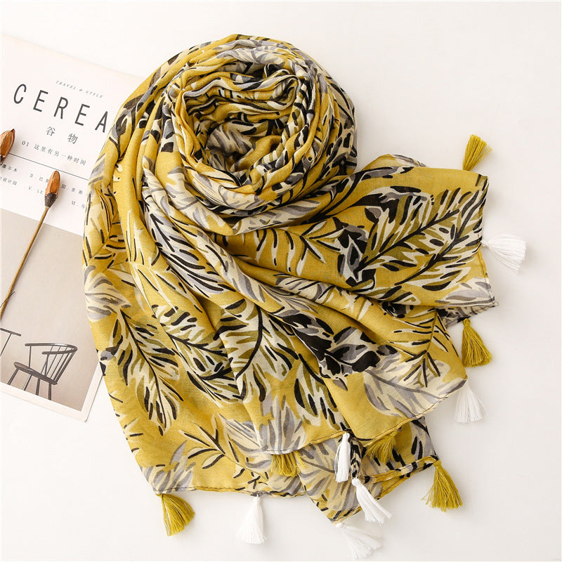 Creative Ginger Japanese Banana Leaf Printed Silk Scarf  Plant