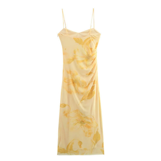Mesh-printed Pleated Slim-fit Midi Dress