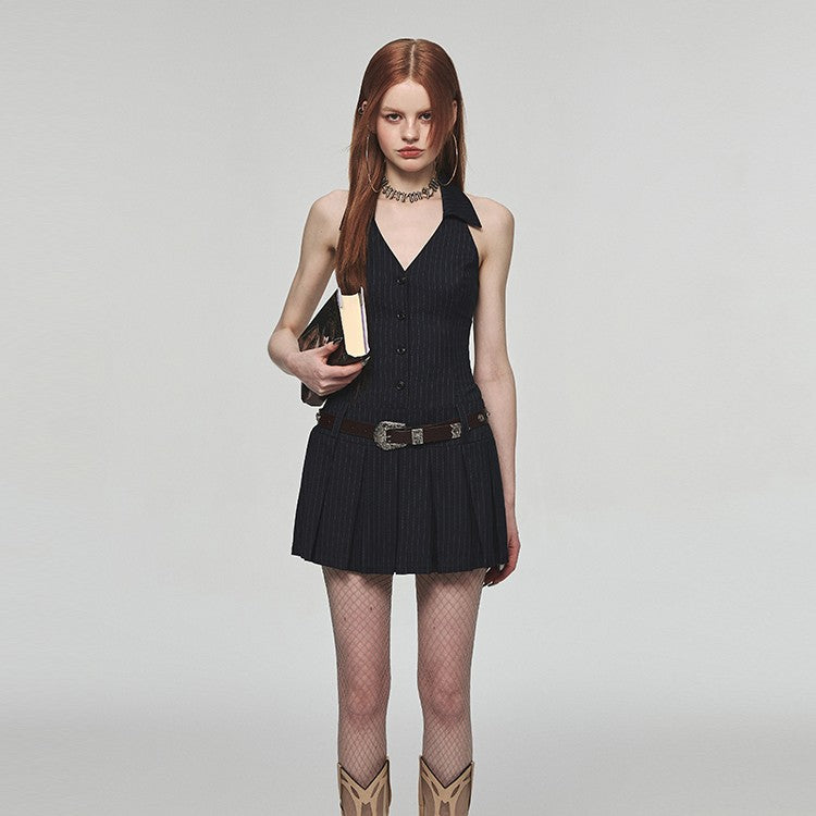 French Kikyo Hanging Neck Off Shoulder Spicy Girl Dress