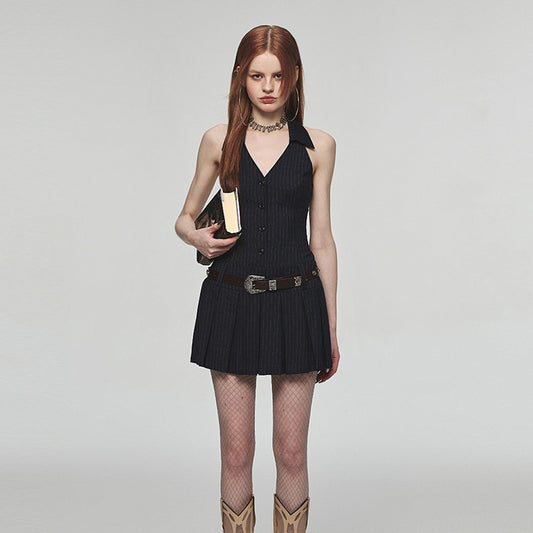 French Kikyo Hanging Neck Off Shoulder Spicy Girl Dress