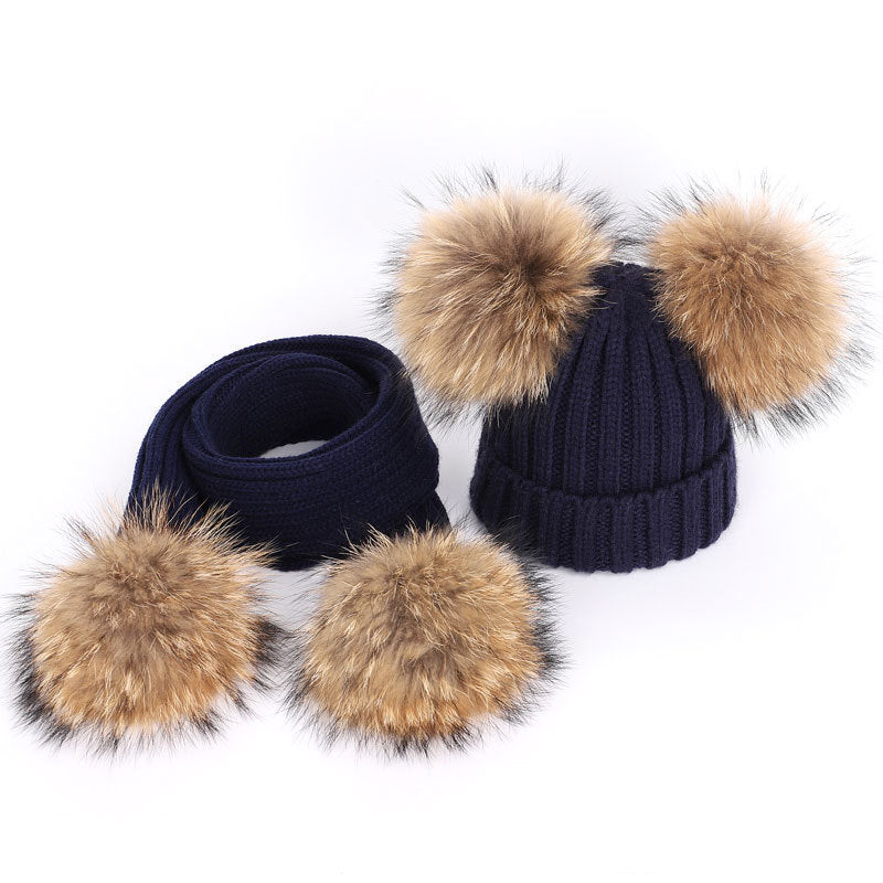 Men's And Women's Thickened Raccoon Fur Ball Knitted Ear  Set