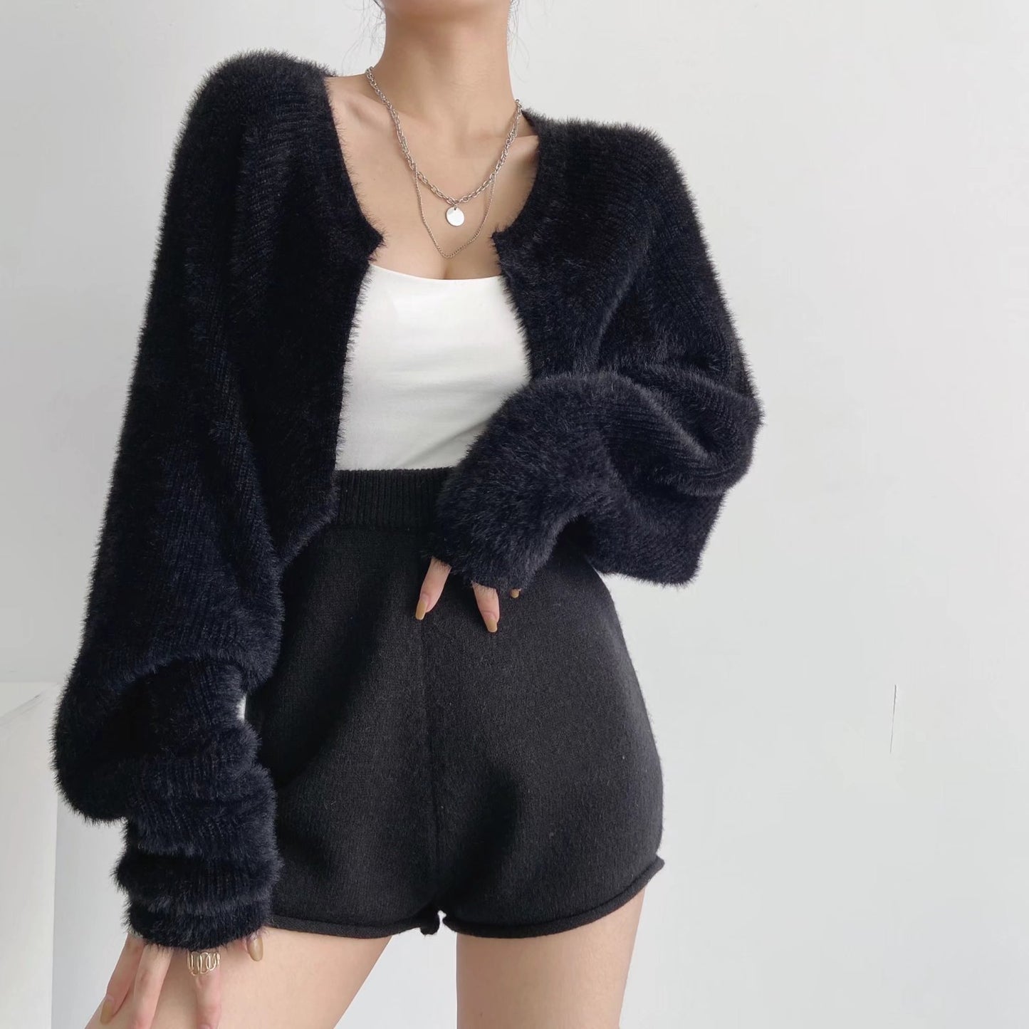 Furry Long Sleeve Short Loose Blouse Outer Sweater Coat For Women
