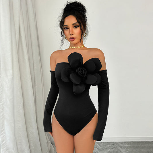 Sexet Stil Tredimensionel Blomsterdekoration Slim-fit Off-shoulder Ensfarvet Jumpsuit