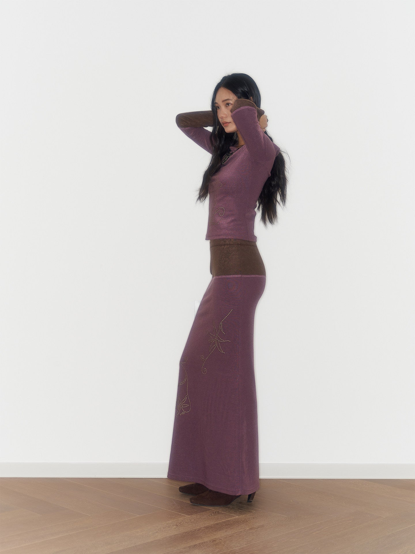 Purple And Coffee-Colored Soft Cozy Towel-Weave Base-Layer Set Dress In A Botanical Style For FallWinter