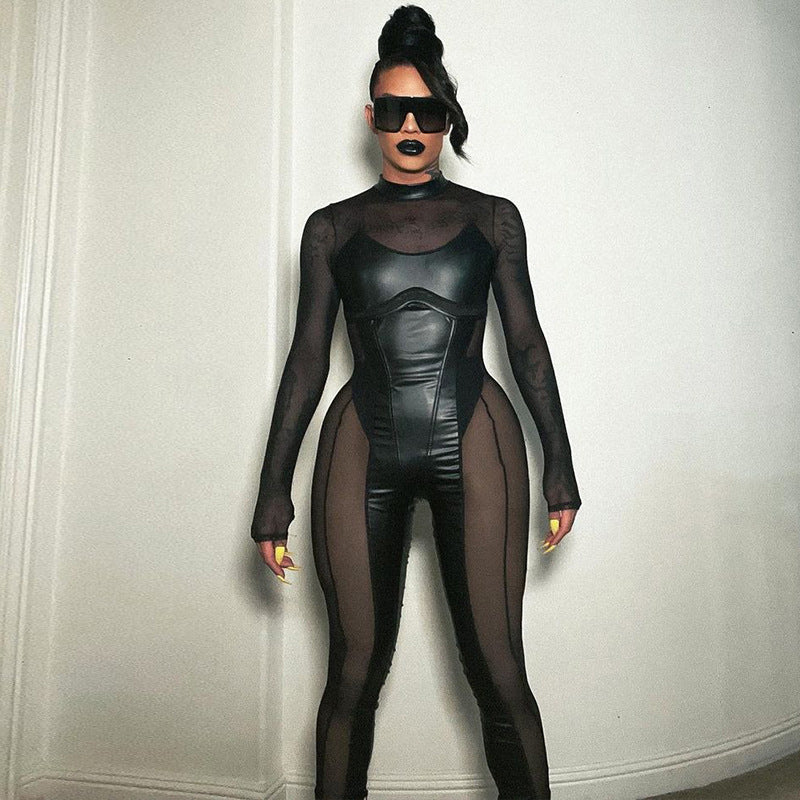New Ins Stitching Mesh Round Neck Back Long-sleeve Zipper Jumpsuit