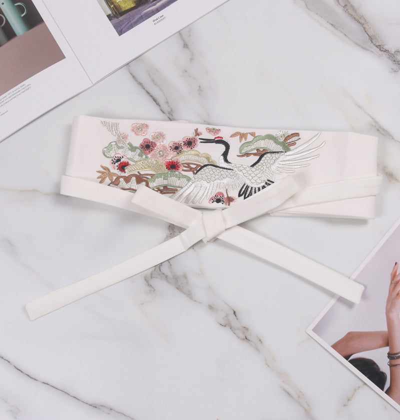 Flower Crane Embroidery Bow Tie Tie Belt Waist Seal