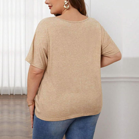 Women's Loose Casual V-neck Short Sleeve Knit Top With Irregular Hem