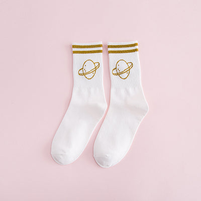 Women's solid color two-bar planet cotton sports socks