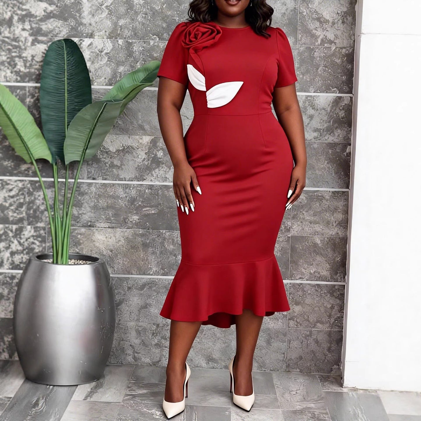 Red 3D Floral Short-Sleeve Dress For Women