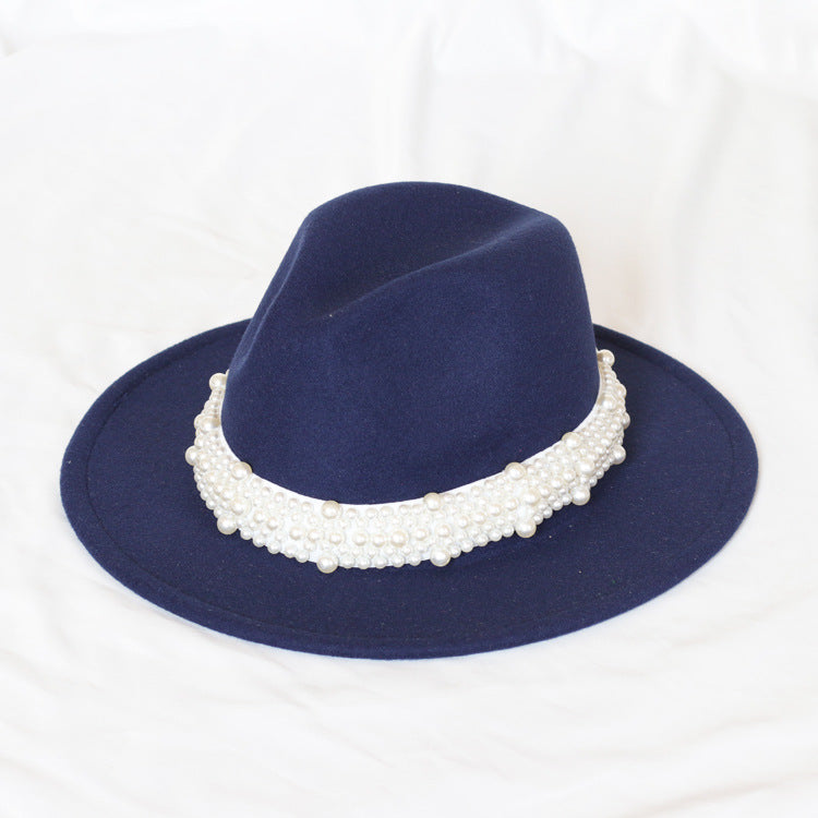 Handmade Pearl Top Hat Big Brim Fur Felt Hat