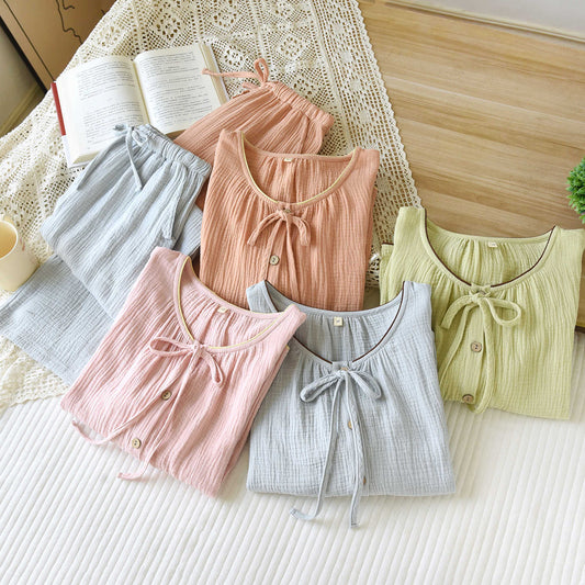 Women's Candy-colored Crepe Corded Round Neck Pajamas Suit