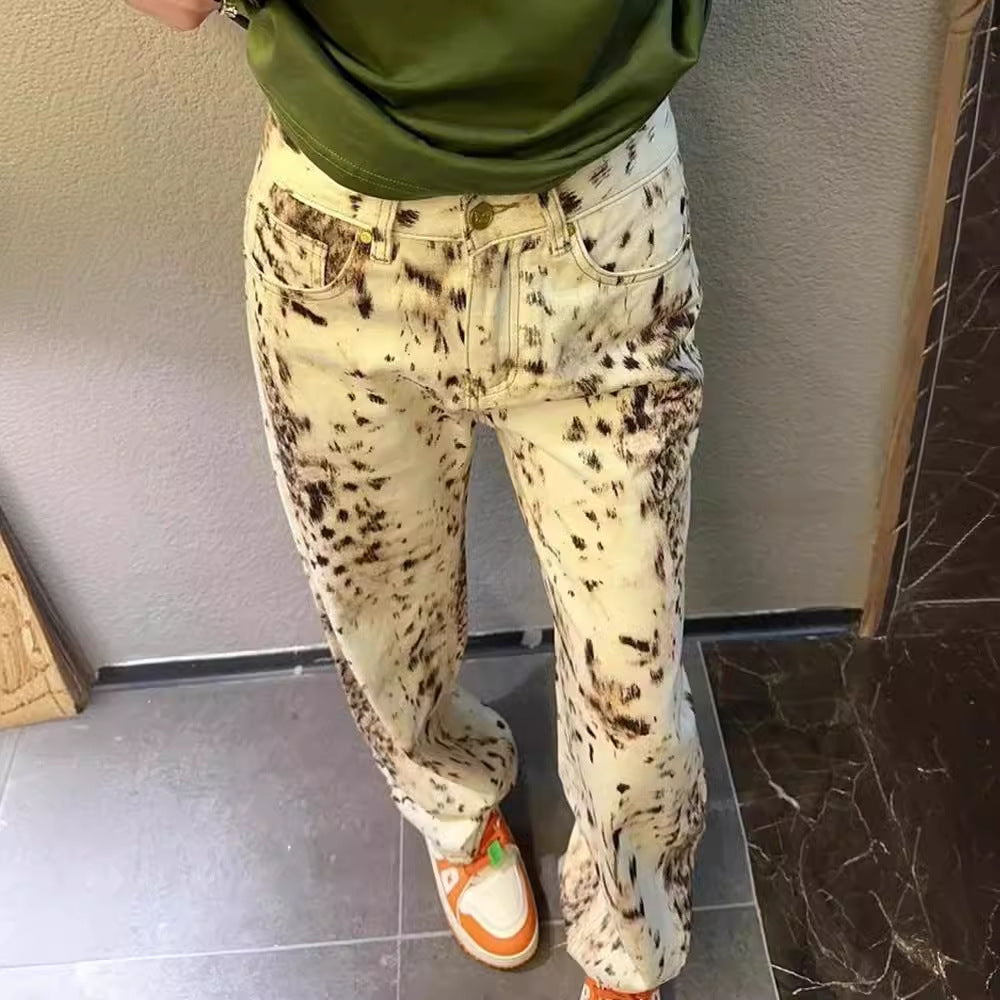 New Vintage Leopard Print Straight All-matching High Waist Slimming Women's Jeans