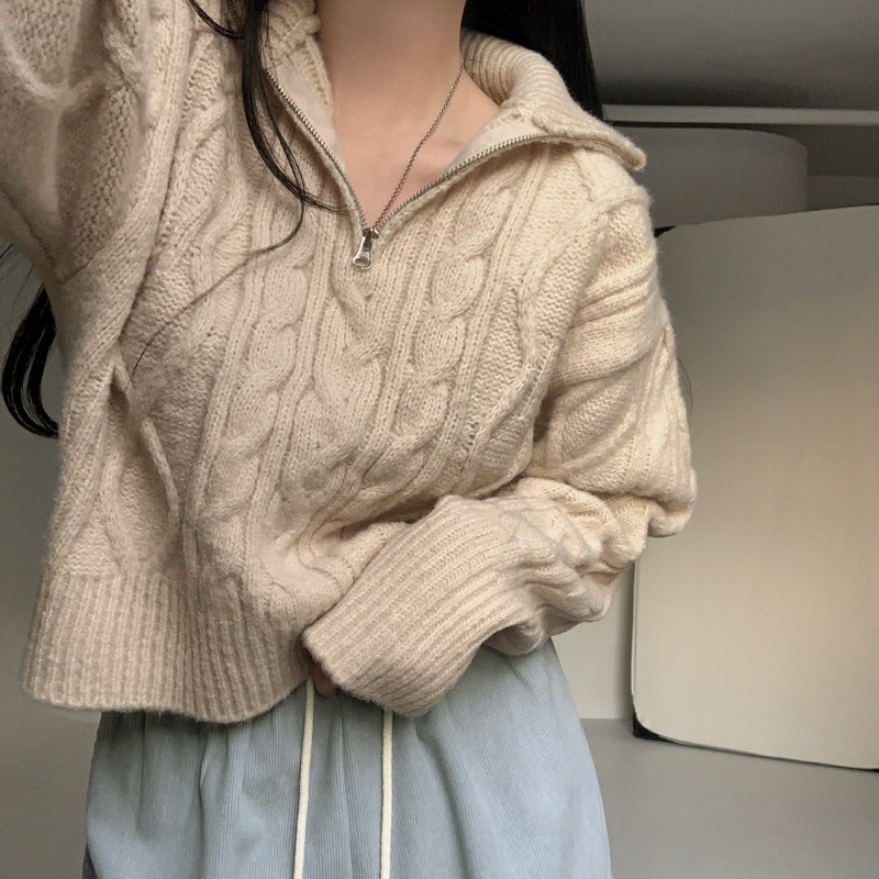 Retro Elegant Twist Zipper And Lapel Long Sleeve Sweater
