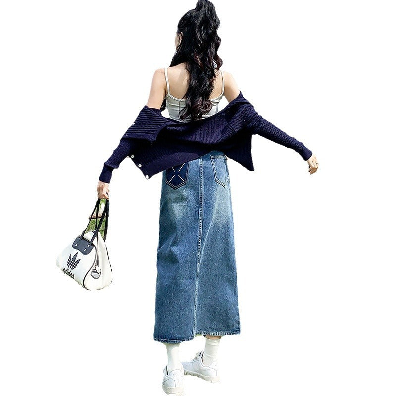 Front Slit High Waist Denim Skirt For Women