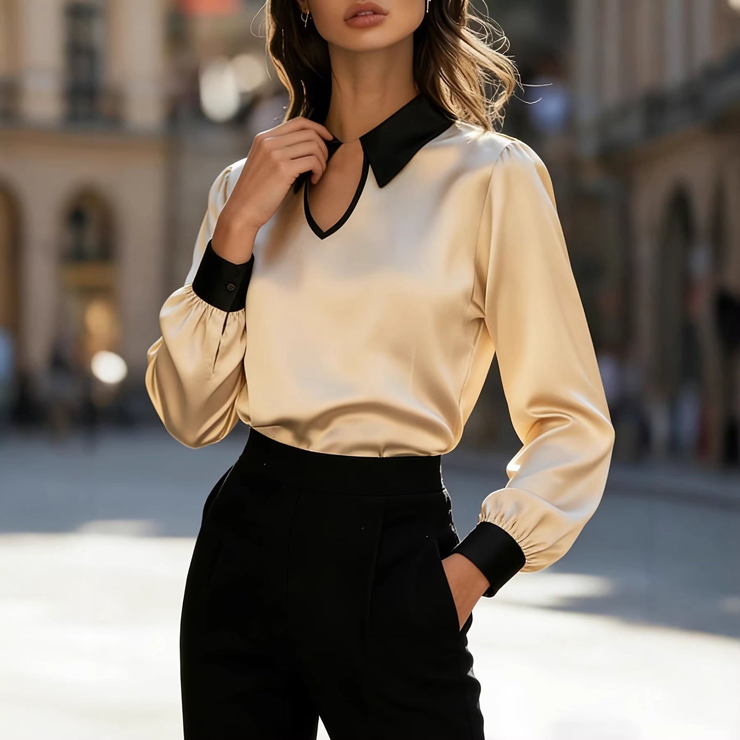 Women's Spring And Autumn Fashion Contrasting Color Collar With Mouth Top Long Sleeve Collar Satin Commuting Shirt Top