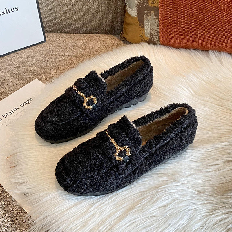 Outer Wear Fleece-lined Lamb Wool Platform Fluffy Shoes Women