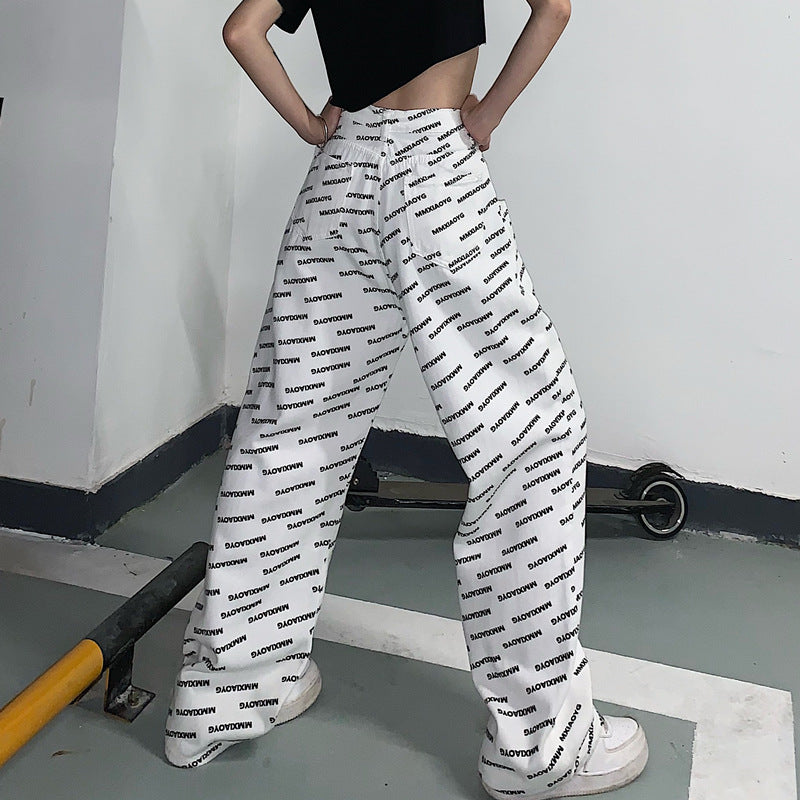 High Waist Vintage Letter Print Casual Loose Straight Drop Wide Leg Pants